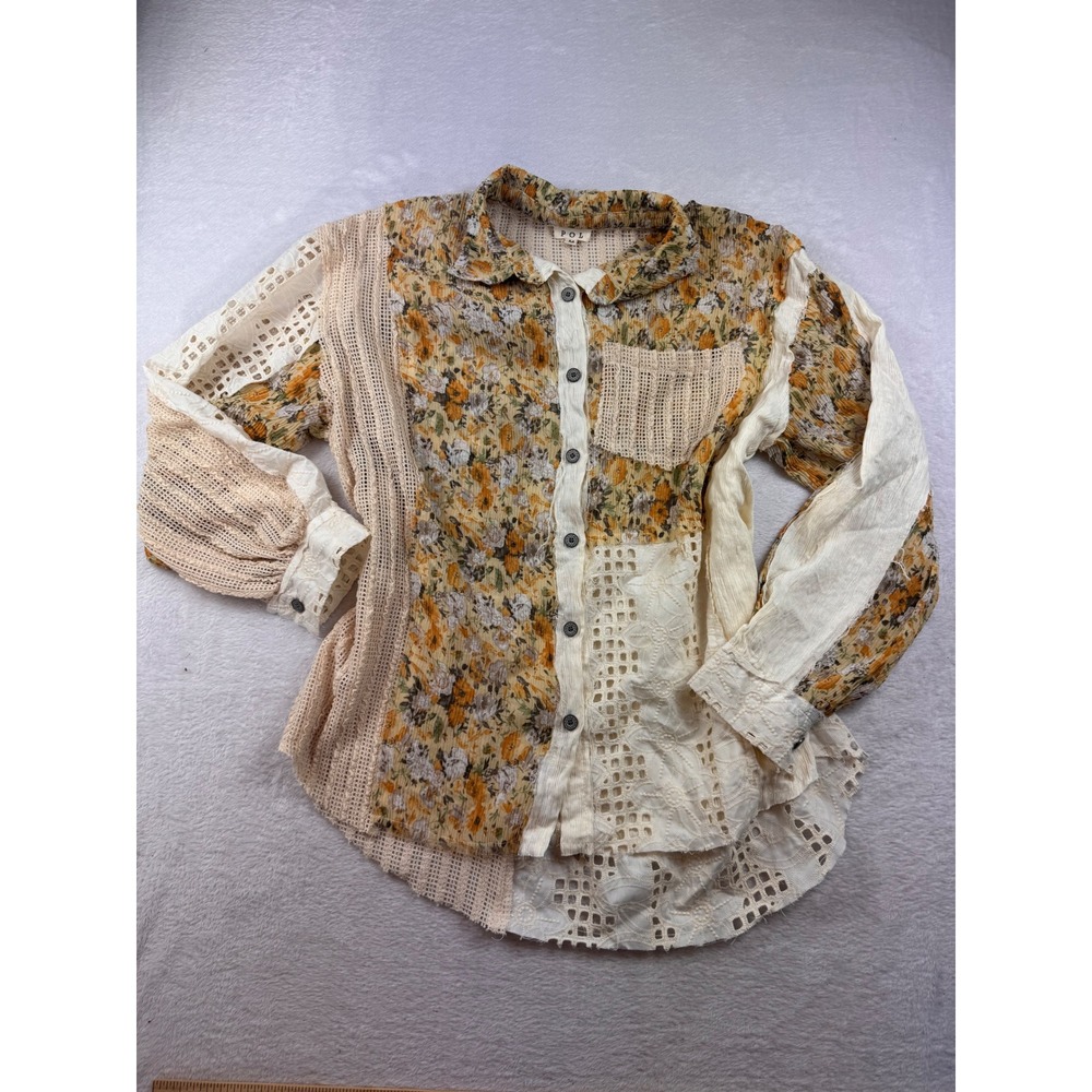 POL Mixed Media Patchwork Floral Lace Button Down Shirt GWT400 Mustard Cream M
